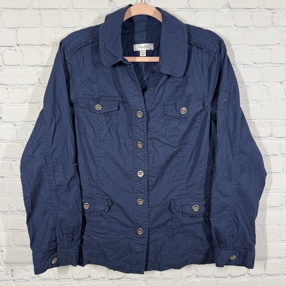 Dressbarn Jacket Women Plus Size 1X Blue Utility Lagenlook Snap Floral Button